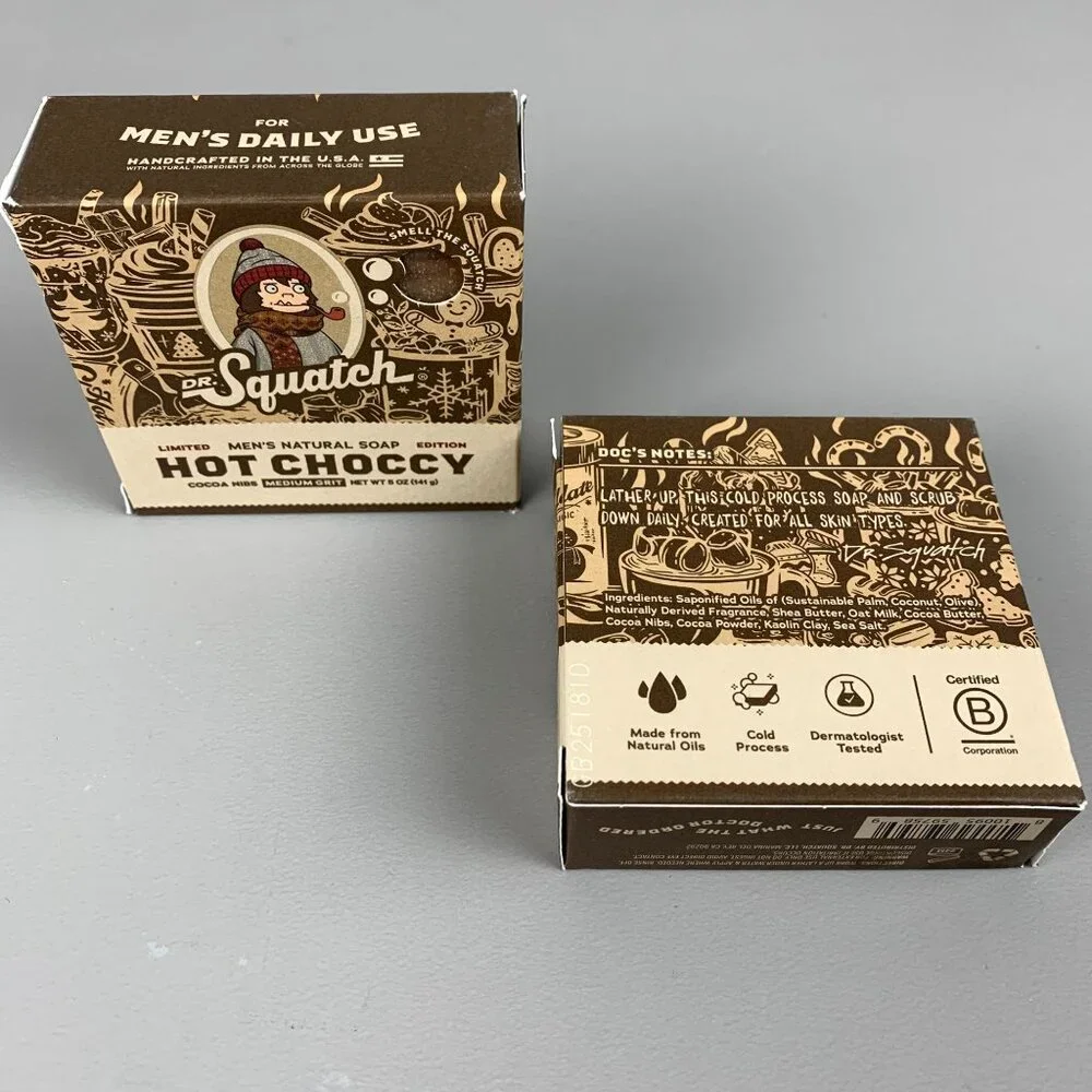 Set of 2 Dr Squatch Hot Choccy Mens Soap W/ Cocoa Nibs Med Grit New Ltd Edition